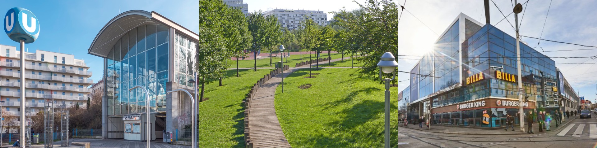 Fotocollage U3 Station, Hyblerpark und Zentrum Simmering